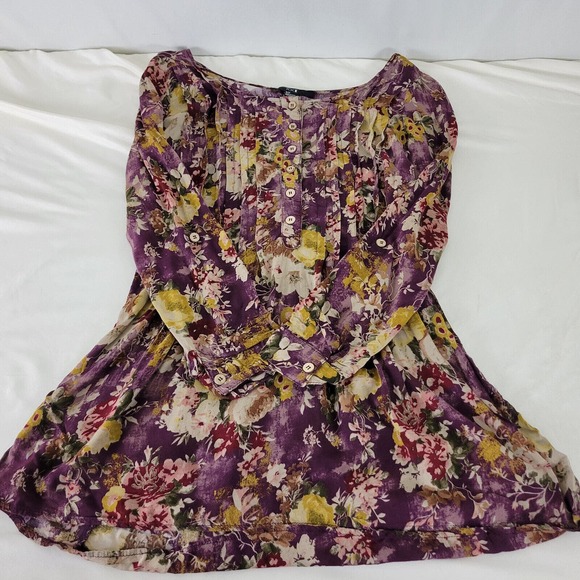 XXI Women Small Popover Tunic Top Floral Long Roll Tab Sleeve Pleated Scoop Neck - Picture 3 of 9